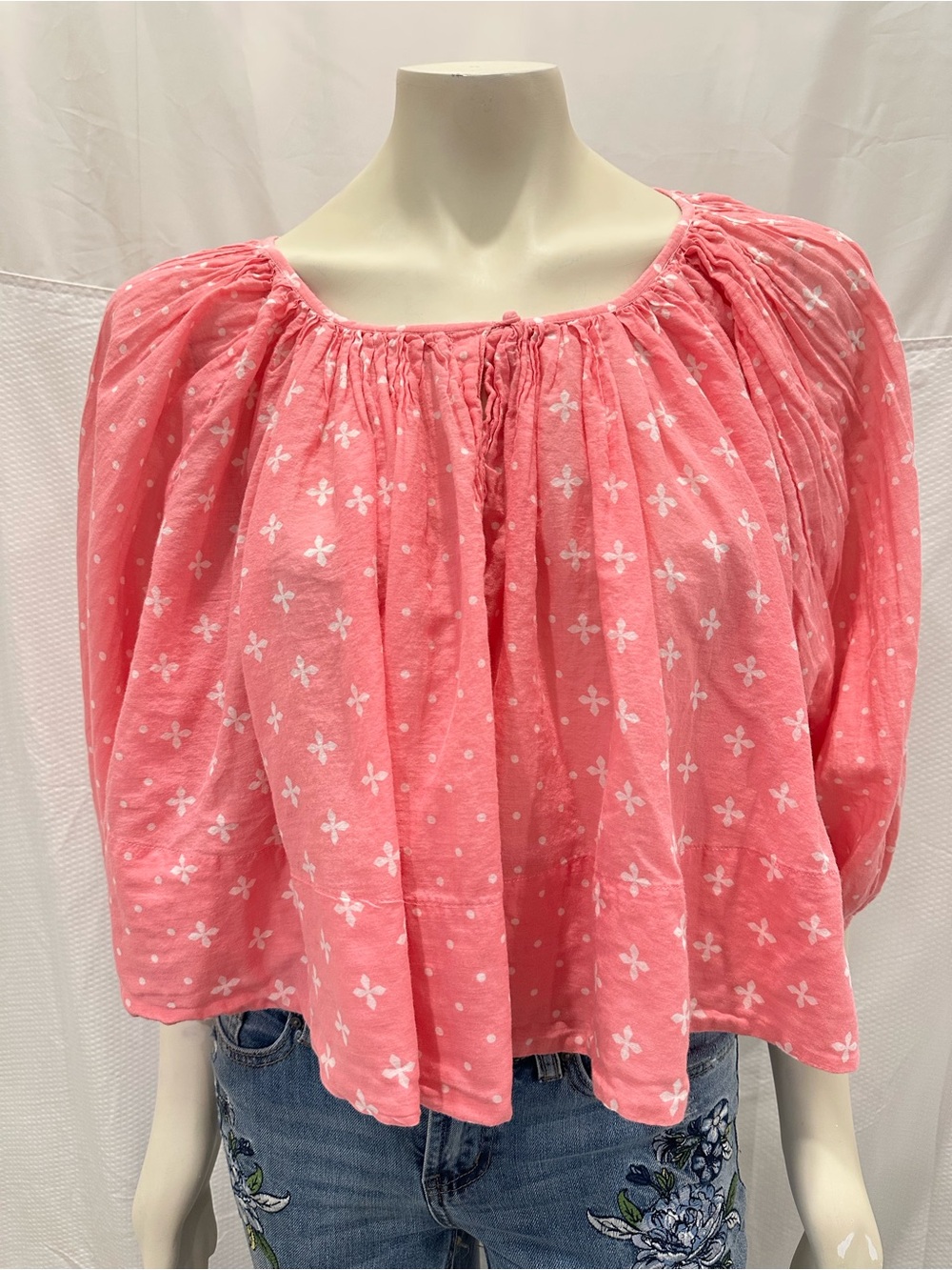 Made in India Pink Peasant Blouse with White Floral Print